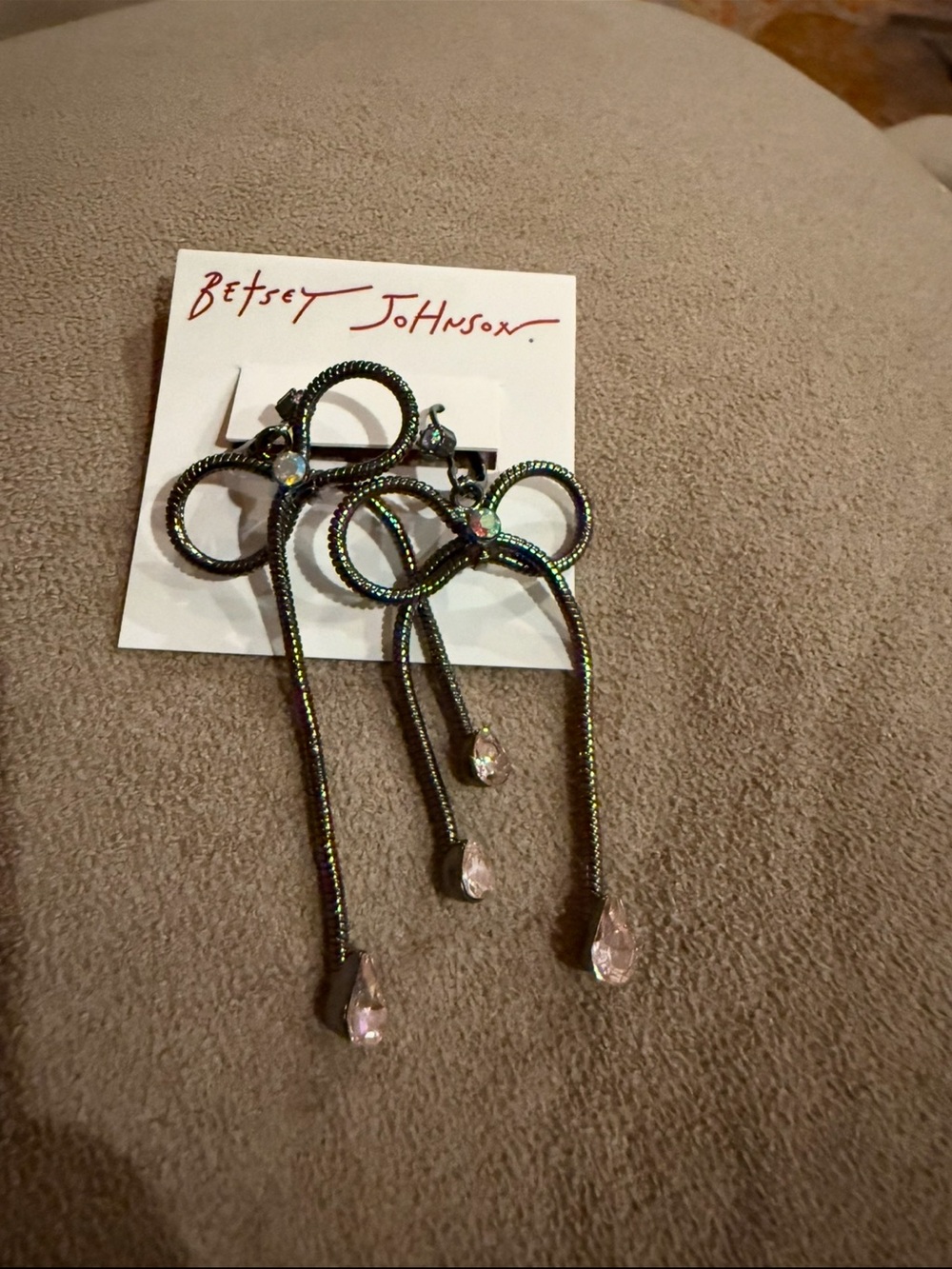 Betsey Johnson Iridescent Bow Drop Earrings with Pink Teardrops